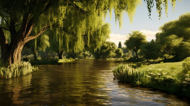 A grove of willow trees surrounding a quiet pond