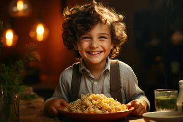 A cheerful child enjoying a nutritious, homemade meal with a wide smile. Concept of healthy eating habits in childhood. Generative Ai.