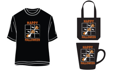 Tic tac toe Happy Halloween Unisex t-shirt, tote bag and mug design.