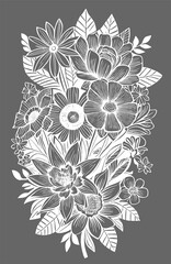 white graphic contour drawing of a bouquet of flowers on a gray background, design