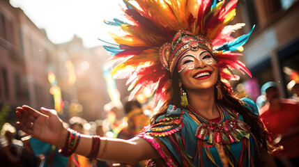 woman celebrating the Bolivian carnival, dancing with her colorful and feather mask, Latin American culture and tradition, street carnival, typical Bolivian clothing, native and aboriginal festivals
