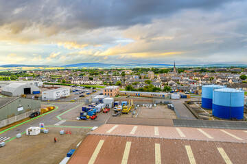 High angle view of the town, countryside and hills from the Scottish Trust Cruise Port of Cromarty...