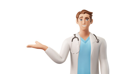 3d character of a young doctor intern in a white coat with a stethoscope pointing at something. Vector illustration eps10
