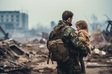 Brave soldier tenderly holds a small child in their arms