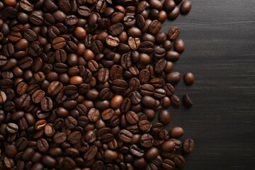 Dark background with coffee beans. Generative AI