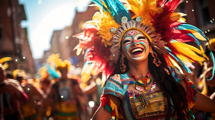 woman celebrating the Bolivian carnival, dancing with her colorful and feather mask, Latin American culture and tradition, street carnival, typical Bolivian clothing, native and aboriginal festivals - obrazy, fototapety, plakaty