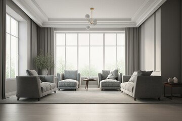 Naklejka na ściany i meble Minimalist grey living room with armchairs and window. Generative AI