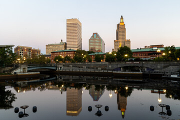Fototapeta na wymiar River walk in downtown Providence at twilight