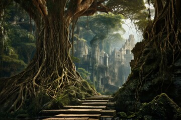 Imposing landscapes adorned with entangled roots of ancient trees. Generative AI