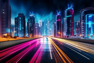Fototapeta na wymiar Nighttime cityscape with illuminated skyscrapers and vibrant pink and blue light trails on road. Generative AI