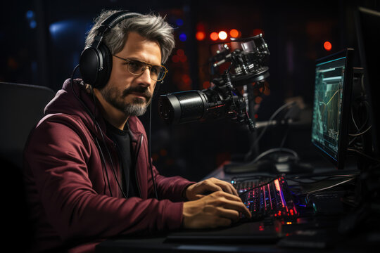 A podcast host recording an episode in a professional studio, delivering engaging content. Concept of podcasting. Generative Ai.