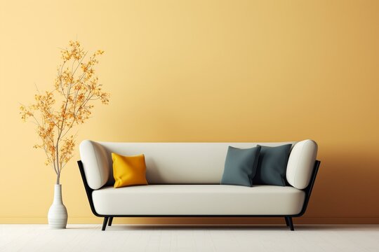 Contemporary home decor featuring sofa and stylish vase, emphasizing minimalistic and staged design. Generative AI