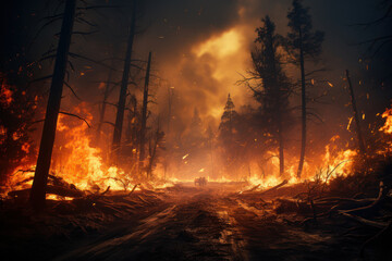 A raging wildfire consuming acres of forest, leaving a trail of destruction in its wake. Concept of forest fire disaster. Generative Ai.