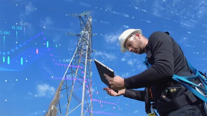Rising prices of electrical energy infographic concept with electrical engineer working. Low angle 