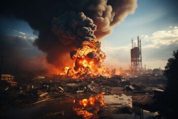 A chemical factory explosion releasing toxic clouds, posing a danger to the surrounding community. Concept of chemical factory explosion. Generative Ai.