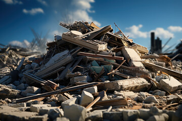 A pile of debris from a demolished building, symbolizing urban decay and destruction. Concept of urban demolition. Generative Ai.