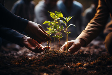 Diverse hands, young and old, digging into rich, fertile soil with vibrant green plants sprouting from it, showcase the connection between people and the Earth on World Soil Day - obrazy, fototapety, plakaty