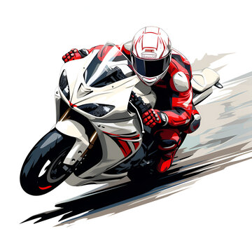 Cartoon Style Sport Motorcycle Sport Motorcyclist White Background