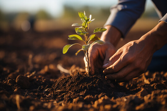 Pair of hands carefully planting a tree in nutrient rich soil in morning, emphasize the role of afforestation and responsible land use in soil conservation on World Soil Day, 05th December - Powered by Adobe