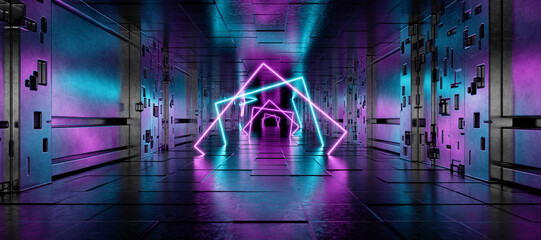 Futuristic corridor. Showroom. Neon Laser. Technology background. Tunnel. Futuristic background. Corridor for your product. Hangar. Garage. Metal. Led lights. 3D Rendering