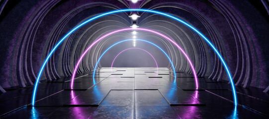 Showroom. Tunnel. Futuristic background. Corridor for your product. Neon Laser. Technology background. Futuristic corridor. Hangar. Garage. Metal. Led lights. 3D Rendering