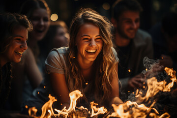 A group of friends laughing together around a bonfire, portraying the warmth of platonic love and camaraderie. Concept of friendship. Generative Ai.
