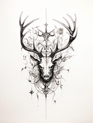 Deer Skull Antlers Skeleton Halloween Dare Pattern of Dried Plants Flowers Grass Branches Tattoo Print Stamp
