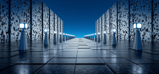 Corridor for your product. Neon Laser. Technology background. Futuristic background. Futuristic corridor. Hangar. Garage. Metal. Led lights. Showroom. Tunnel. 3D Rendering