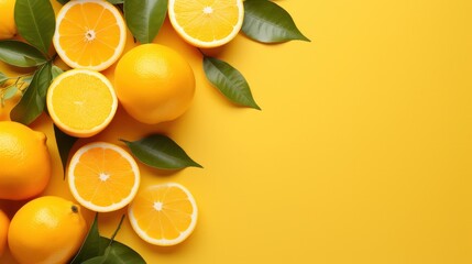 oranges, fresh green leaves and top view on yellow background