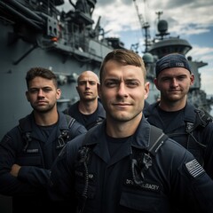 Fototapeta premium Naval vessel with sailors on deck in uniform