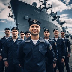 Naval vessel with sailors on deck in uniform