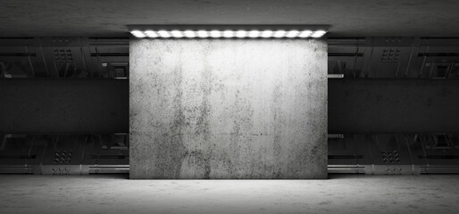 Hangar. Garage. Futuristic corridor. Showroom. Metal. LED lights. Floodlighting. Futuristic background. Tunnel. Technology background. 3D rendering