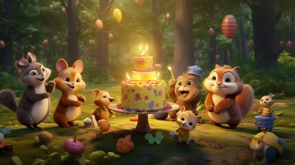 A playful scene featuring adorable cartoon animals celebrating a birthday in a whimsical forest setting. They are gathered around a cake covered in woodland-themed decorations.