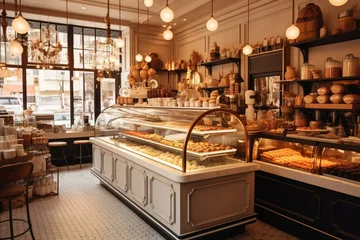 Foto op Plexiglas A vintage cake shop adorned with delectable pastries and cakes, showcased on counters and shelves, bathed in cozy lighting. Generative AI © Una