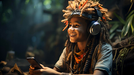 young indigenous man listening to music with her headphones, traditional aboriginal painting and clothing, native culture, Amazon jungle, Latin American tradition - obrazy, fototapety, plakaty