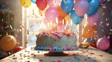 A cake with colorful balloons and confetti, set against a backdrop of a sunlit room.