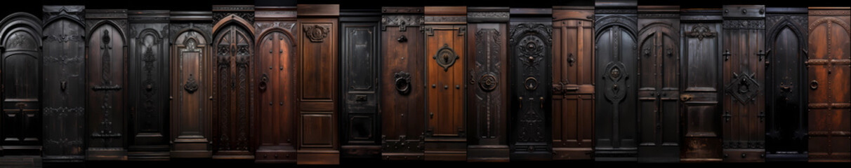 An ultra-wide collage of antique doors, where history, craftsmanship, and intricate designs converge in a mesmerizing panorama, showcasing the timeless beauty and stories behind each entrance