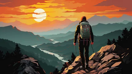 Foto op Canvas Illustration of a man with a backpack watching the sunrise in the mountains created with Generative AI technology © Edi