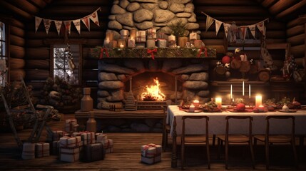 Fototapeta na wymiar A birthday party set in a cozy cabin with a roaring fireplace and rustic decorations.