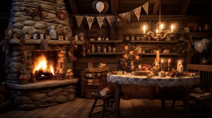 Fototapeta na wymiar A birthday party set in a cozy cabin with a roaring fireplace and rustic decorations.