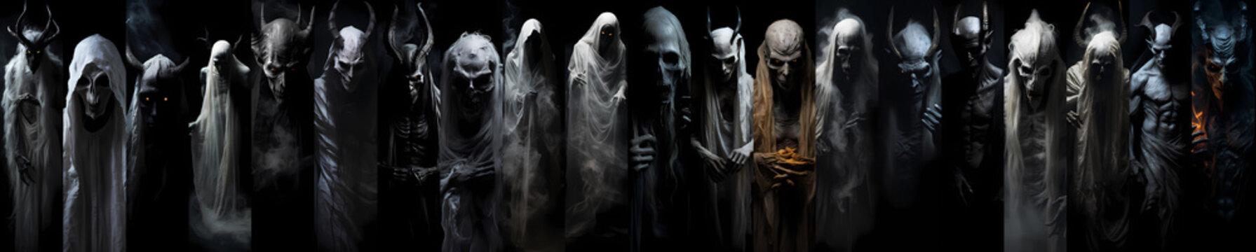 An eerie ultra-wide collage captures a haunting collection of scary, ghostly demons, each one shrouded in chilling darkness, emanating an aura of malevolence