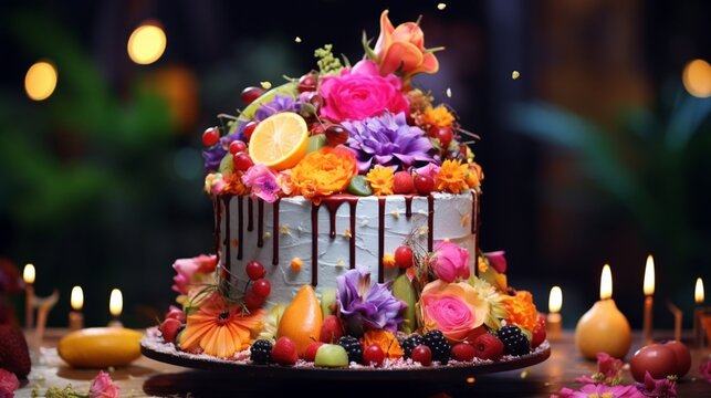 A birthday cake with a tropical theme, featuring exotic fruits and vibrant flowers.
