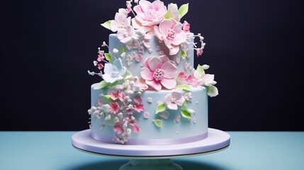 A cake with intricate sugar flower decorations in soft pastel hues.