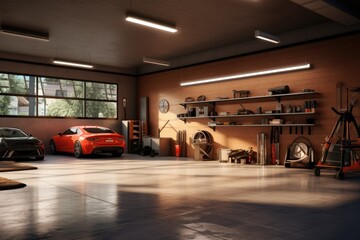 Spacious Organized Garage with Two Sports Cars, Floating Shelves with Tools, Concrete Floors and Nature Views