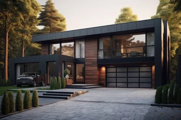 Fototapeten Sleek Black Modern Home Exterior at Dusk, Outdoor Lights Over Garage, Stone Driveway with Small Bushes, Car Parked in Front in Fall © Bryan