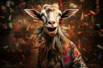 Joyful goat celebrating Eid al-Adha. Generative AI - obrazy, fototapety, plakaty