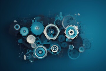 Illustration with gears on blue background, representing creativity. Generative AI