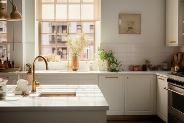 Bright Modern Kitchen with Brass Faucet Over Marble Sink Island, White Cabinets with Stove, Window Views of City
