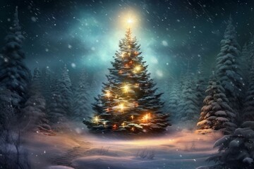 Glowing Christmas tree in a snowy winter forest. Generative AI