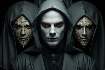 Black dressed man with masks, with a subtle blend of emotions underneath that reflect the hidden facets of their personality, symbolizing Antisocial Personality Disorder